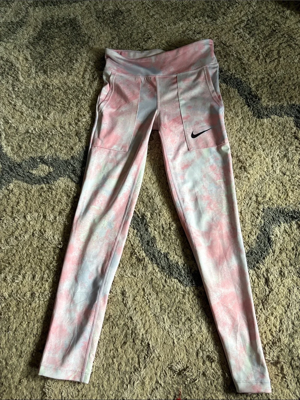 Nike Girls' Pink and White Tie-Dye Pocket Leggings